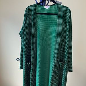LuLaRoe Sarah Duster Cardigan. Black with green raised dots.